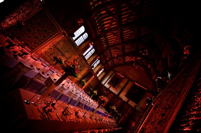 Hatfield House Old Palace wedding lighting design - festoon, uplighting, party lights