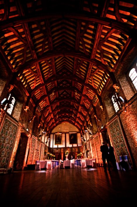 Hatfield House Old Palace wedding lighting design - festoon, uplighting, party lights