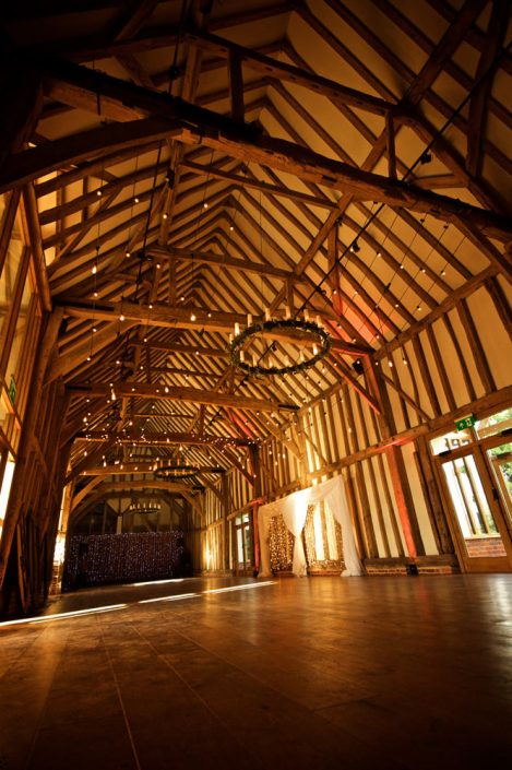Micklefield Hall Great Barn wedding event lighting - festoon, fairylights, party lights