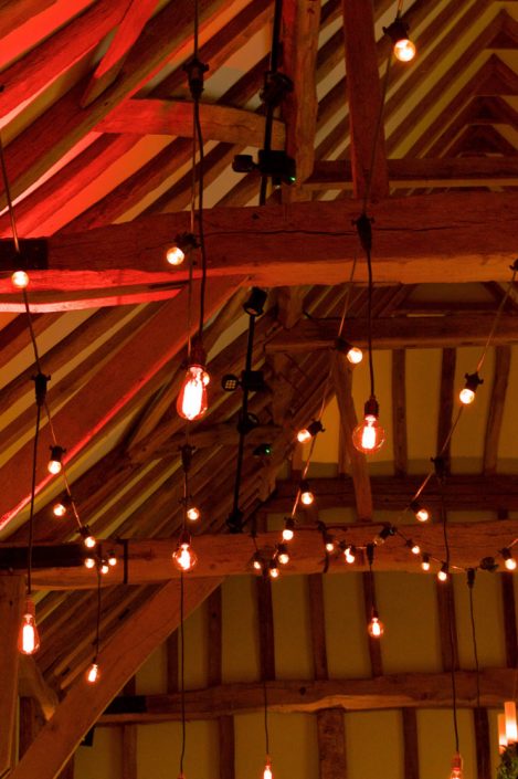 Micklefield Hall Great Barn wedding event lighting - festoon, fairylights, party lights