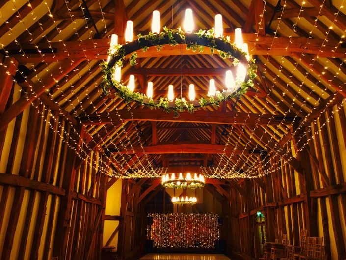 Micklefield Hall Great Barn wedding event lighting - festoon, fairylights, party lights