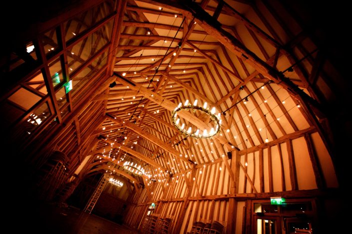 Micklefield Hall Great Barn wedding event lighting - festoon, fairylights, party lights