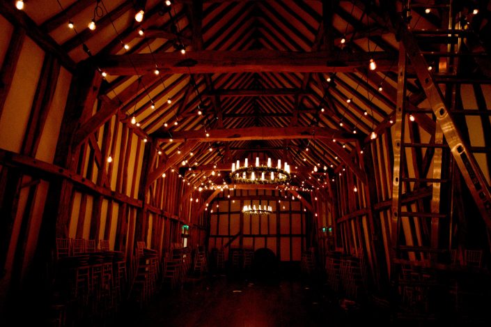 Micklefield Hall Great Barn wedding event lighting - festoon, fairylights, party lights