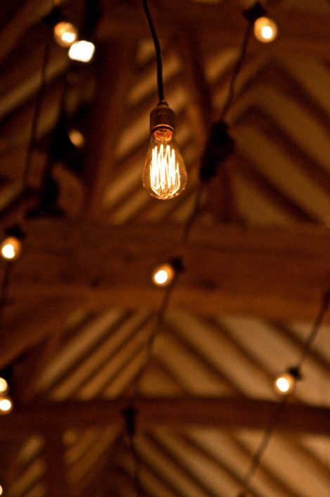 Micklefield Hall Great Barn wedding event lighting - festoon, fairylights, party lights