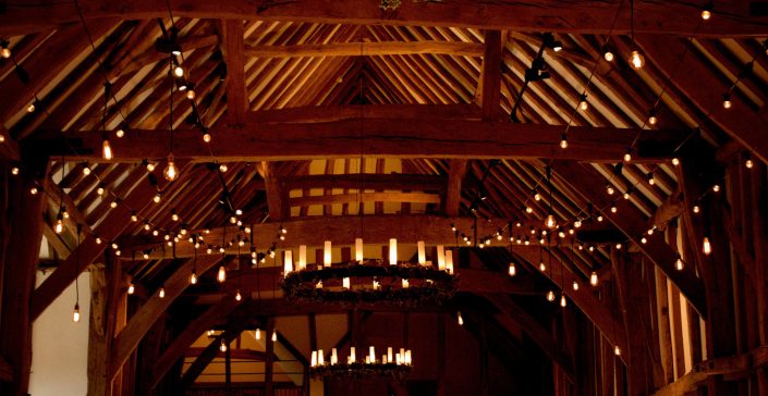 Micklefield Hall Great Barn wedding event lighting - festoon, fairylights, party lights