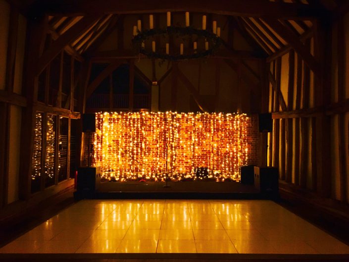 Micklefield Hall Great Barn wedding event lighting - festoon, fairylights, party lights
