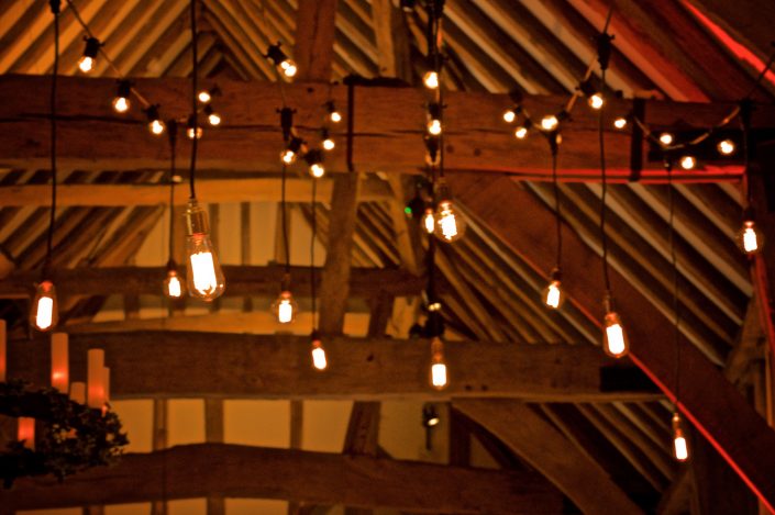 Micklefield Hall Great Barn wedding event lighting - festoon, fairylights, party lights