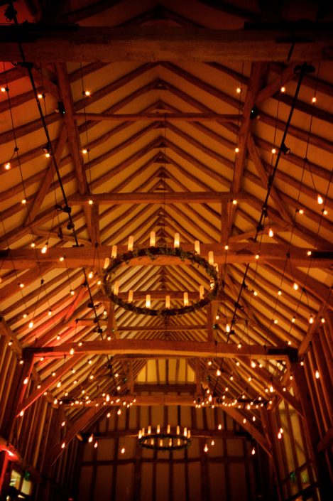 Micklefield Hall Great Barn wedding event lighting - festoon, fairylights, party lights