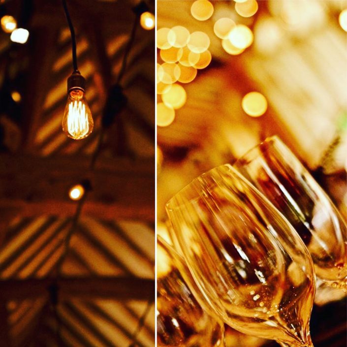 Micklefield Hall Great Barn wedding event lighting - festoon, fairylights, party lights