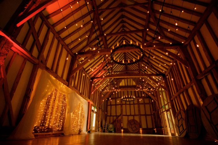 Micklefield Hall Great Barn wedding event lighting - festoon, fairylights, party lights