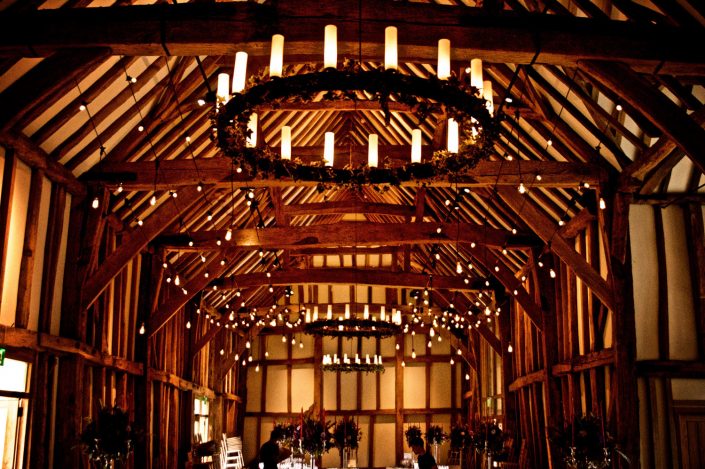 Micklefield Hall Great Barn wedding event lighting - festoon, fairylights, party lights