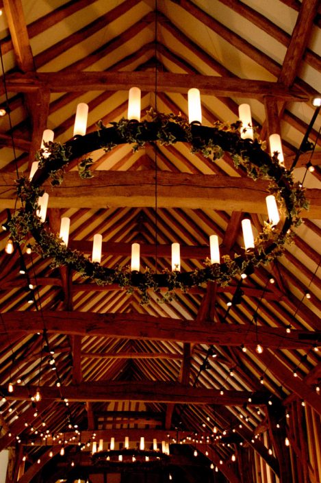 Micklefield Hall Great Barn wedding event lighting - festoon, fairylights, party lights