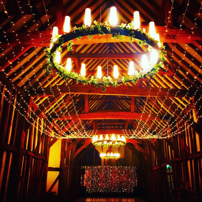 Micklefield Hall Great Barn wedding event lighting - festoon, fairylights, party lights