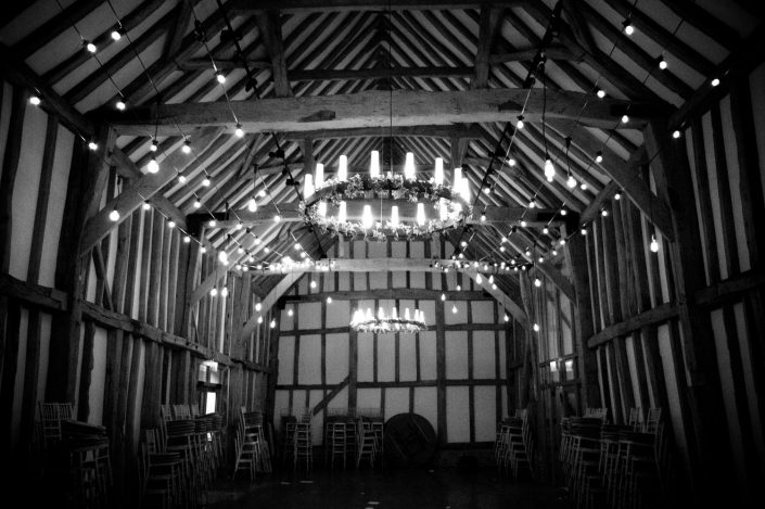 Micklefield Hall Great Barn wedding event lighting - festoon, fairylights, party lights
