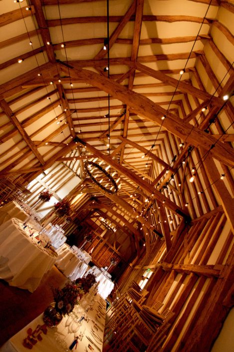 Micklefield Hall Great Barn wedding event lighting - festoon, fairylights, party lights