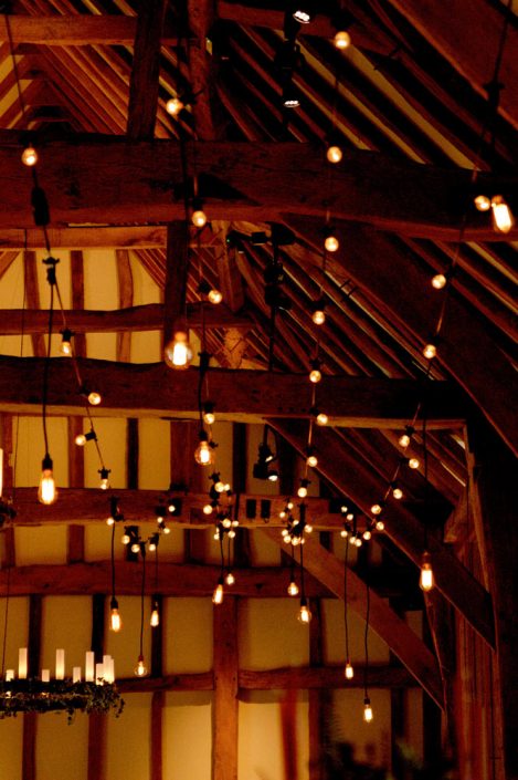 Micklefield Hall Great Barn wedding event lighting - festoon, fairylights, party lights