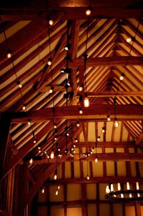 Micklefield Hall Great Barn wedding event lighting - festoon, fairylights, party lights
