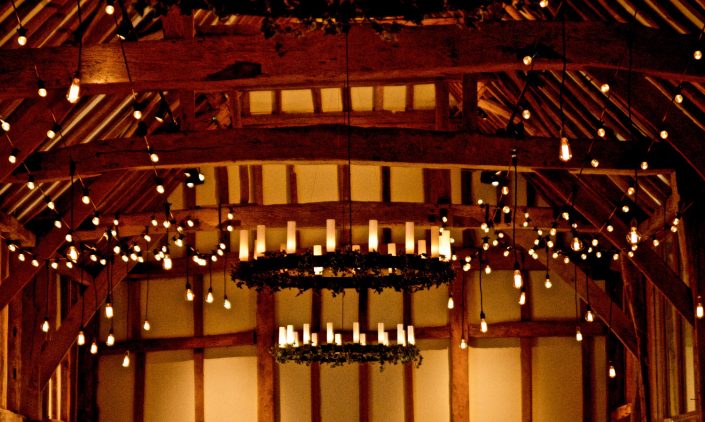 Micklefield Hall Great Barn wedding event lighting - festoon, fairylights, party lights