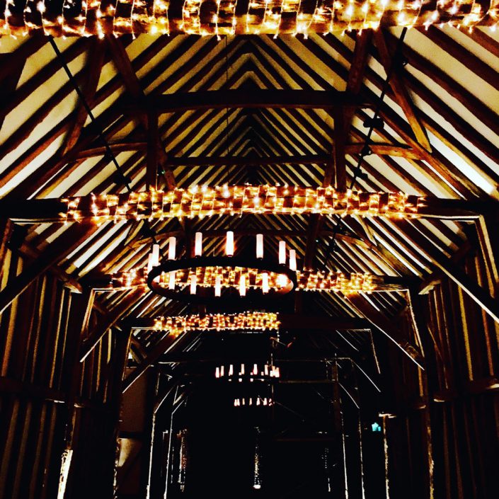 Micklefield Hall Great Barn wedding event lighting - festoon, fairylights, party lights