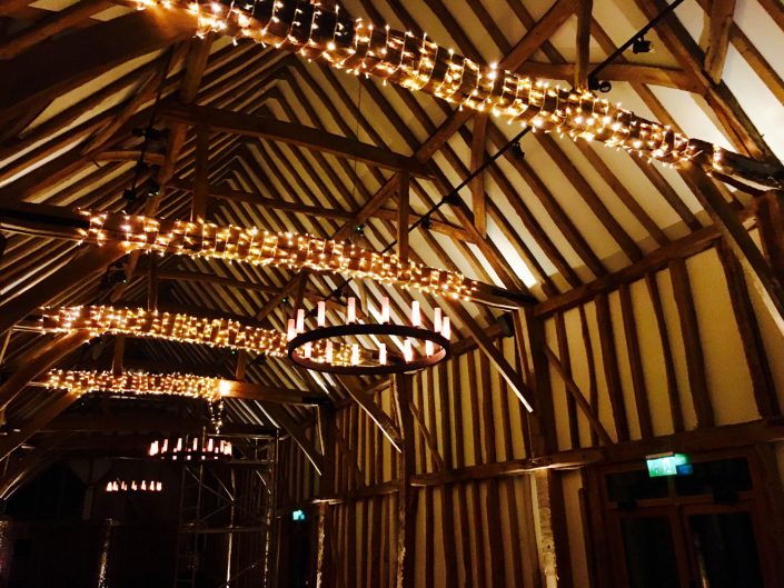 Micklefield Hall Great Barn wedding event lighting - festoon, fairylights, party lights