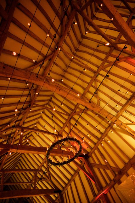 Micklefield Hall Great Barn wedding event lighting - festoon, fairylights, party lights