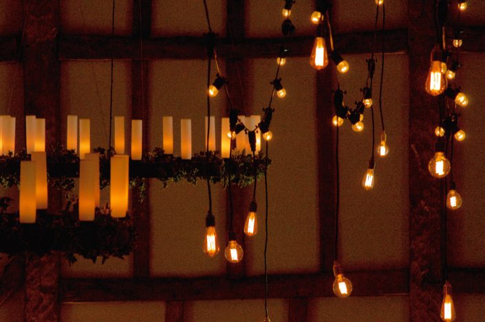 Micklefield Hall Great Barn wedding event lighting - festoon, fairylights, party lights