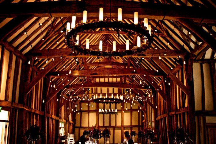 Micklefield Hall Great Barn wedding event lighting - festoon, fairylights, party lights