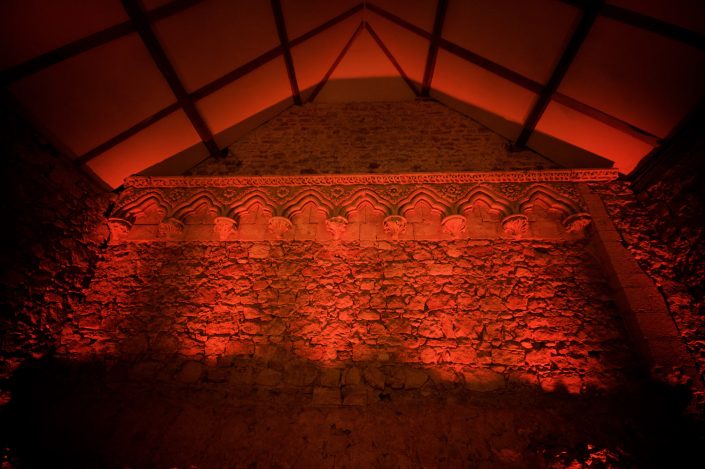 Notley Abbey wedding event lighting - uplighting, fairylight canopy, draping, chandaliers