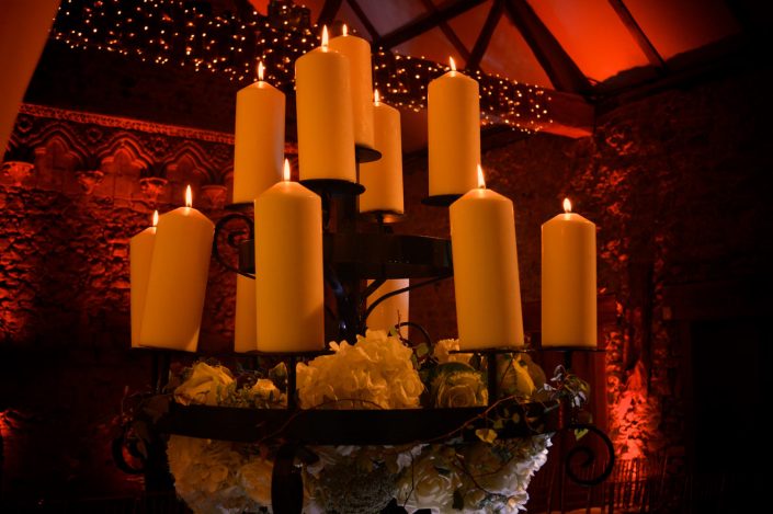 Notley Abbey wedding event lighting - uplighting, fairylight canopy, draping, chandaliers