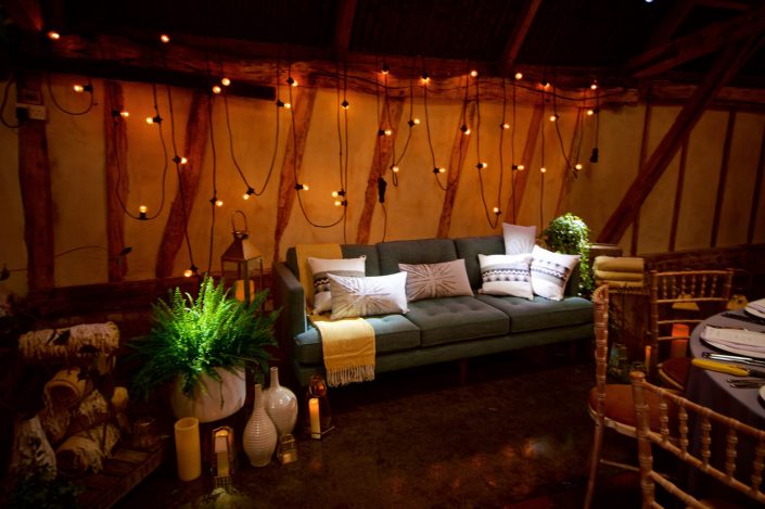 Alpheton Hall Barn wedding party lighting, festoon, fairylights, candles, draping