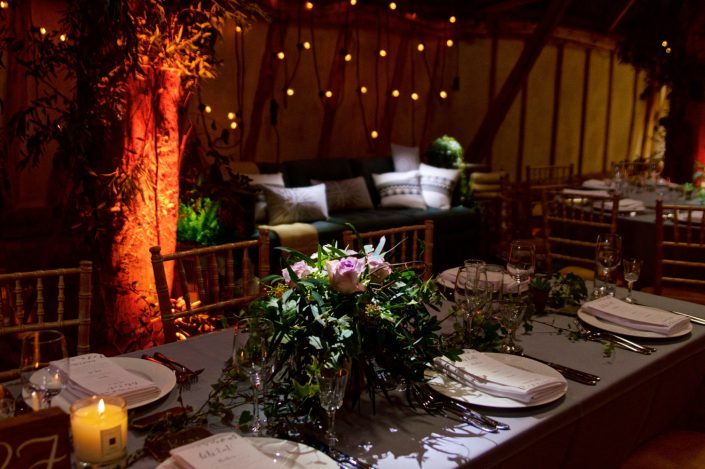 Alpheton Hall Barn wedding party lighting, festoon, fairylights, candles, draping