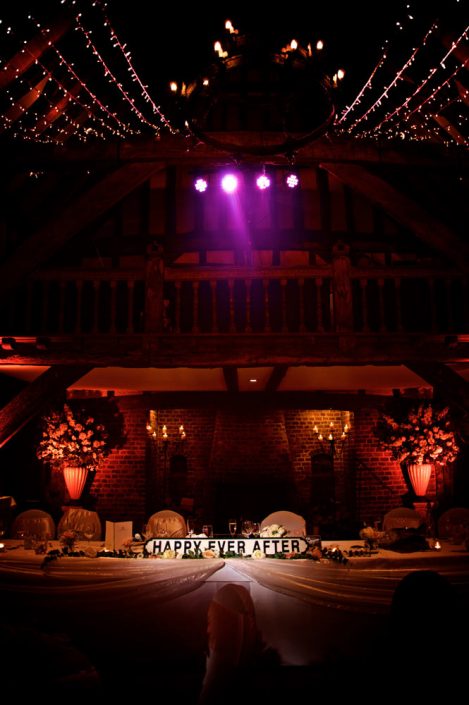 Great Fosters wedding party lighting design - fairylight canopy - uplighting and pinspotting