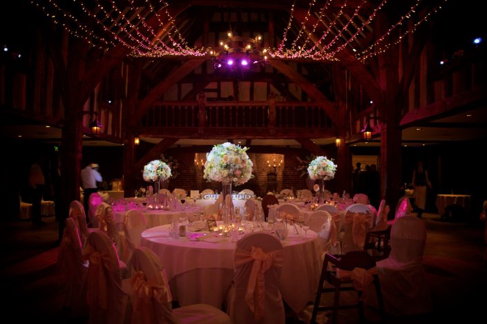 Great Fosters wedding party lighting design - fairylight canopy - uplighting and pinspotting
