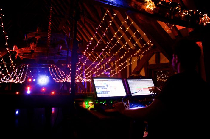 Great Fosters wedding party lighting design - fairylight canopy - uplighting and pinspotting