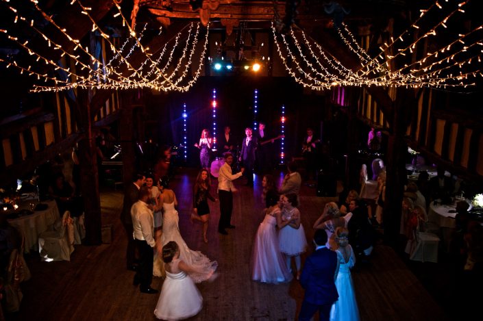 Great Fosters wedding party lighting design - fairylight canopy - uplighting and pinspotting
