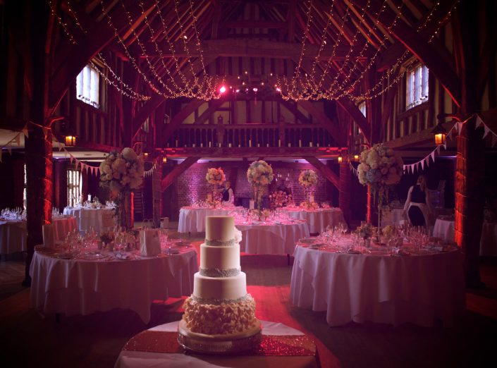 Great Fosters wedding party lighting design - fairylight canopy - uplighting and pinspotting