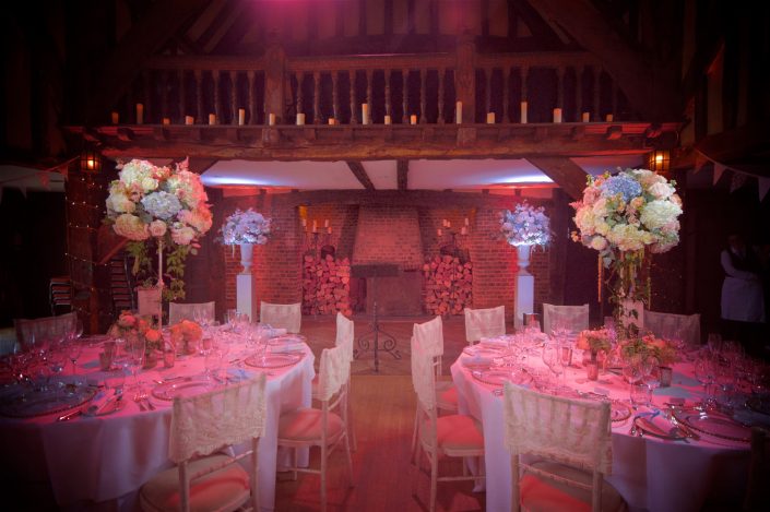 Great Fosters wedding party lighting design - fairylight canopy - uplighting and pinspotting