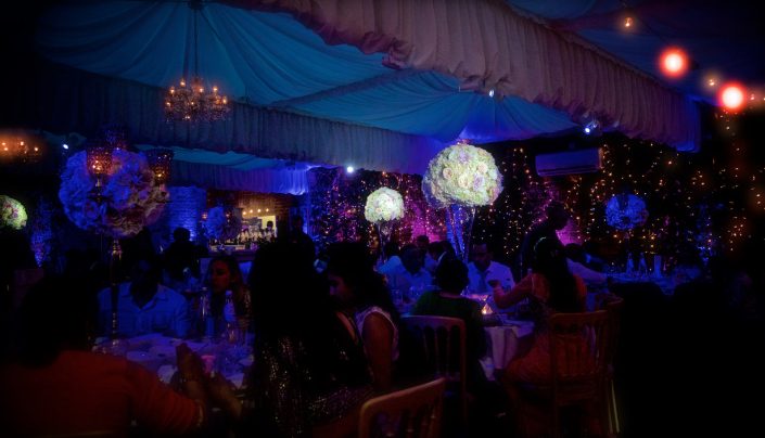 Northbrook house Indian Bride Wedding - Lighting design, backdrop, pinspotting, dance floor uplighting, festoon canopy, fairylights