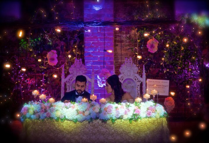 Northbrook house Indian Bride Wedding - Lighting design, backdrop, pinspotting, dance floor uplighting, festoon canopy, fairylights