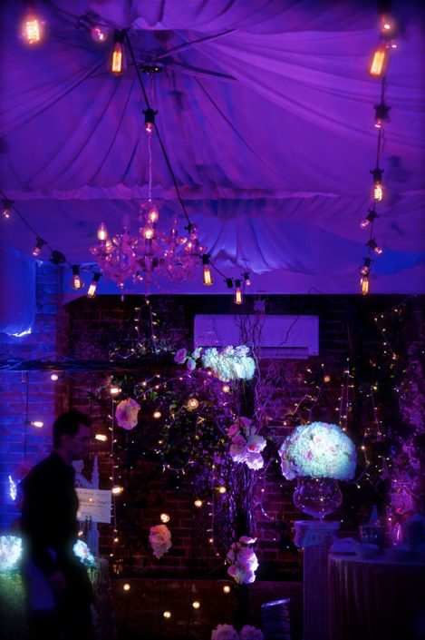 Northbrook house Indian Bride Wedding - Lighting design, backdrop, pinspotting, dance floor uplighting, festoon canopy, fairylights