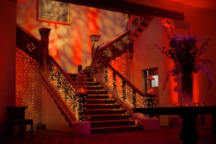 Northcote House Sunningdale Park wedding event lighting design - fairylight canopy, pinspotting, exterior-lighting, uplighting