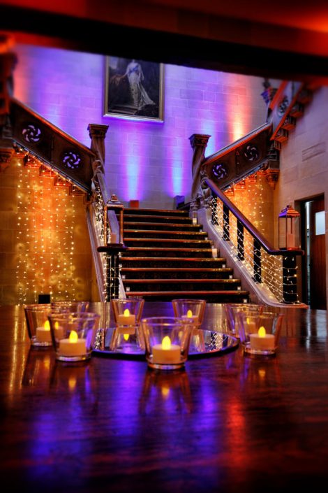 Northcote House Sunningdale Park wedding event lighting design - fairylight canopy, pinspotting, exterior-lighting, uplighting