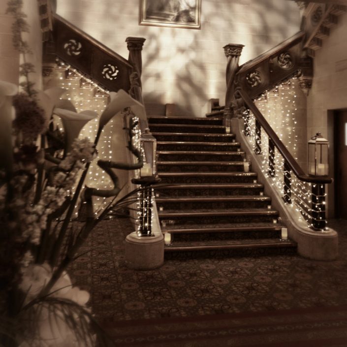 Northcote House Sunningdale Park wedding event lighting design - fairylight canopy, pinspotting, exterior-lighting, uplighting