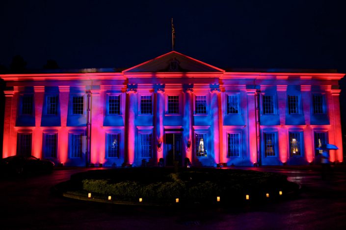 Northcote House Sunningdale Park wedding event lighting design - fairylight canopy, pinspotting, exterior-lighting, uplighting