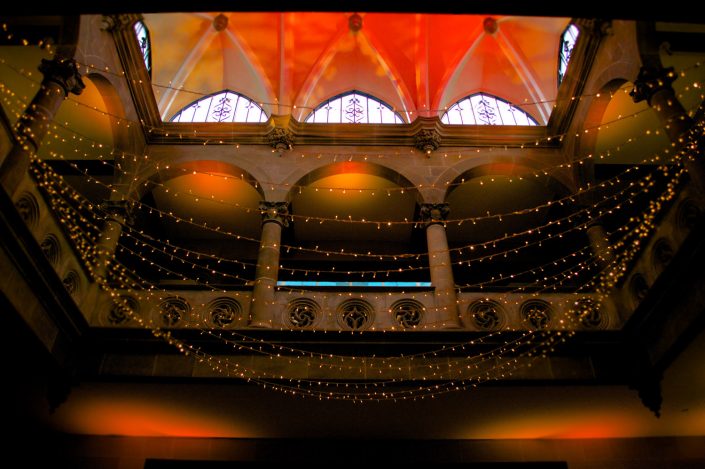 Northcote House Sunningdale Park wedding event lighting design - fairylight canopy, pinspotting, exterior-lighting, uplighting