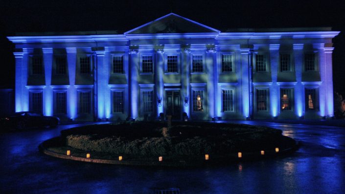 Northcote House Sunningdale Park wedding event lighting design - fairylight canopy, pinspotting, exterior-lighting, uplighting