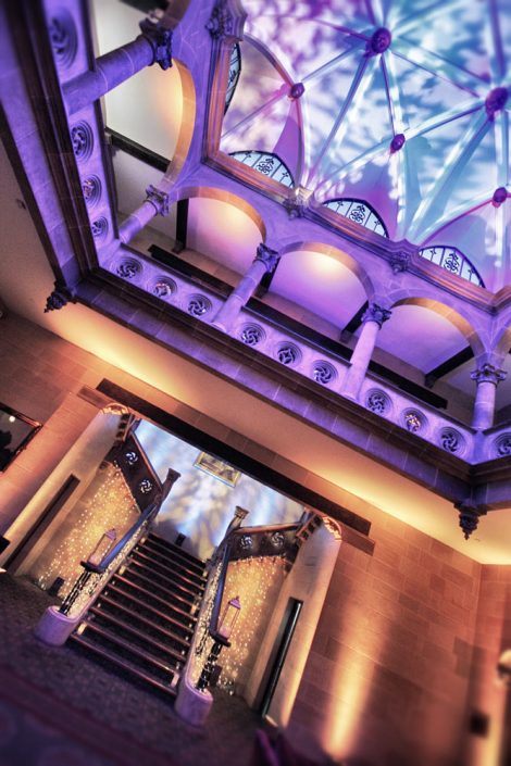 Northcote House Sunningdale Park wedding event lighting design - fairylight canopy, pinspotting, exterior-lighting, uplighting
