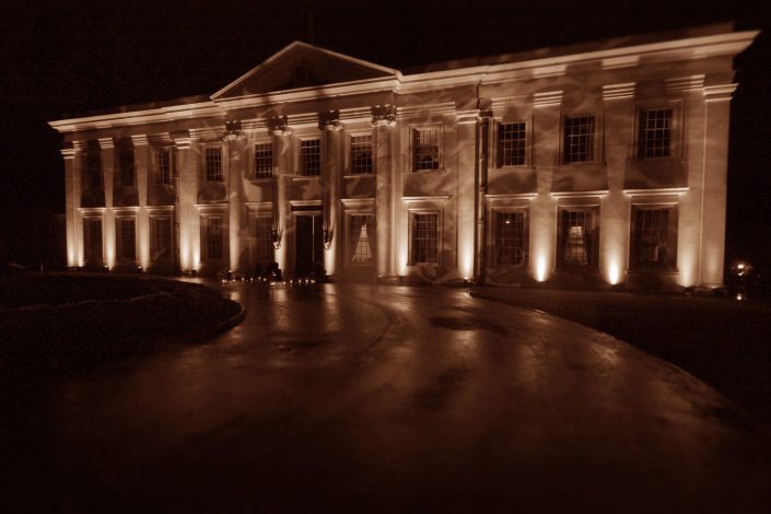 Northcote House Sunningdale Park wedding event lighting design - fairylight canopy, pinspotting, exterior-lighting, uplighting