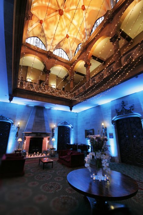 Northcote House Sunningdale Park wedding event lighting design - fairylight canopy, pinspotting, exterior-lighting, uplighting