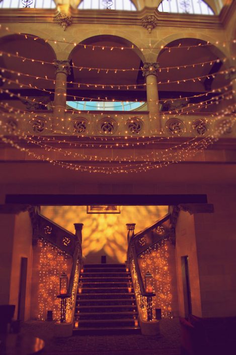 Northcote House Sunningdale Park wedding event lighting design - fairylight canopy, pinspotting, exterior-lighting, uplighting